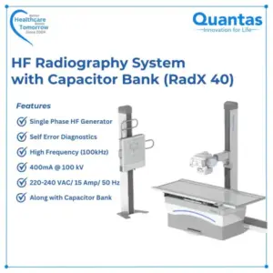 Quanta RadX 40 high frequency radiography system with capacitor bank, patient table, tube column and vertical stand