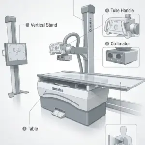 Quanta RadX Series fixed X-ray system with table, column, vertical stand, tube handle and collimator